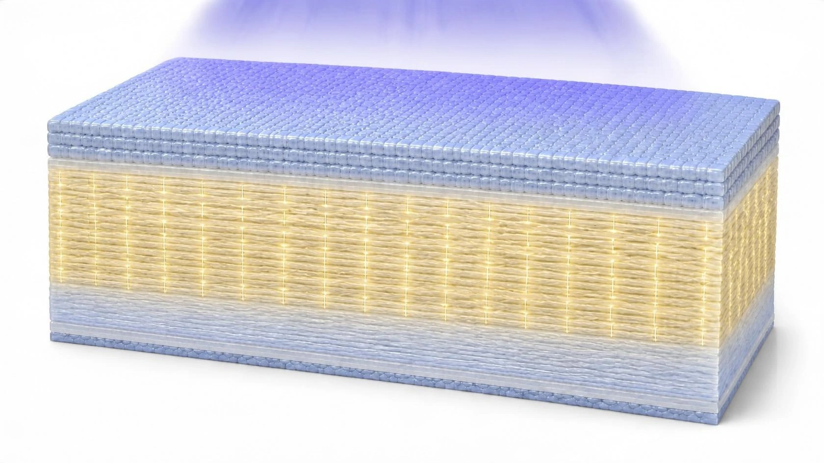 Cutaway of the cornea under ultraviolet light, with new links forming between the collagen fibers of the upper stroma