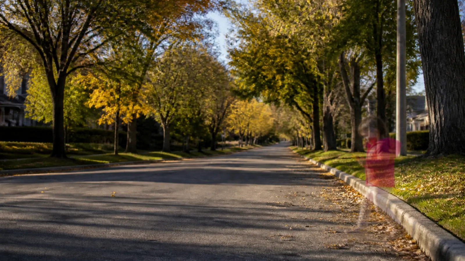 The same street seen with glaucoma: the girl has faded to a faint shadow, nearly filled in by the street and curb around her
