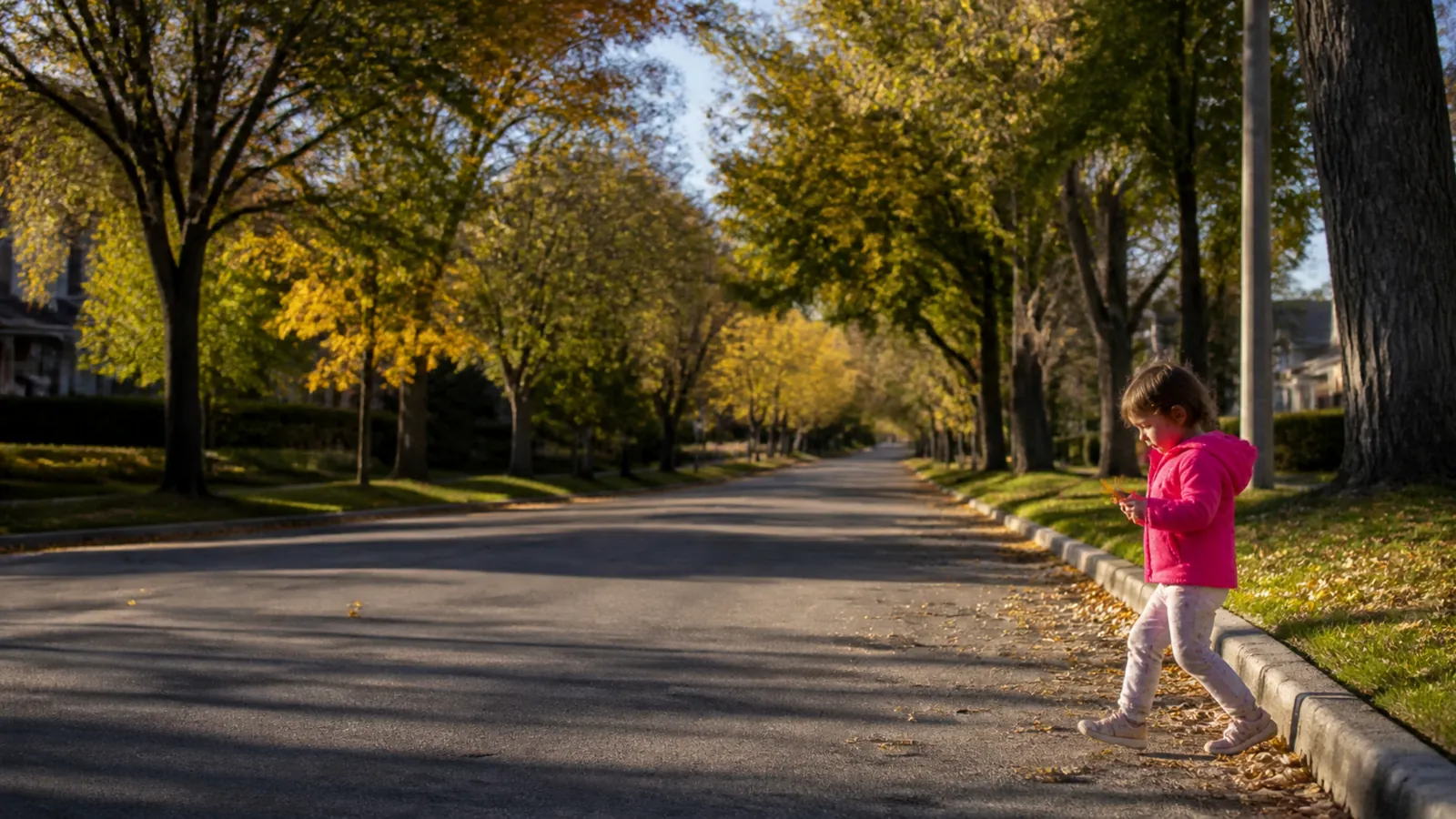 A quiet street with a small girl in a pink jacket stepping off the curb on the right