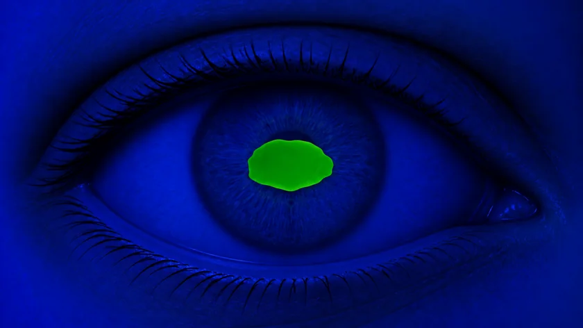 The same eye under blue light with dye: the central oval sore glows bright green