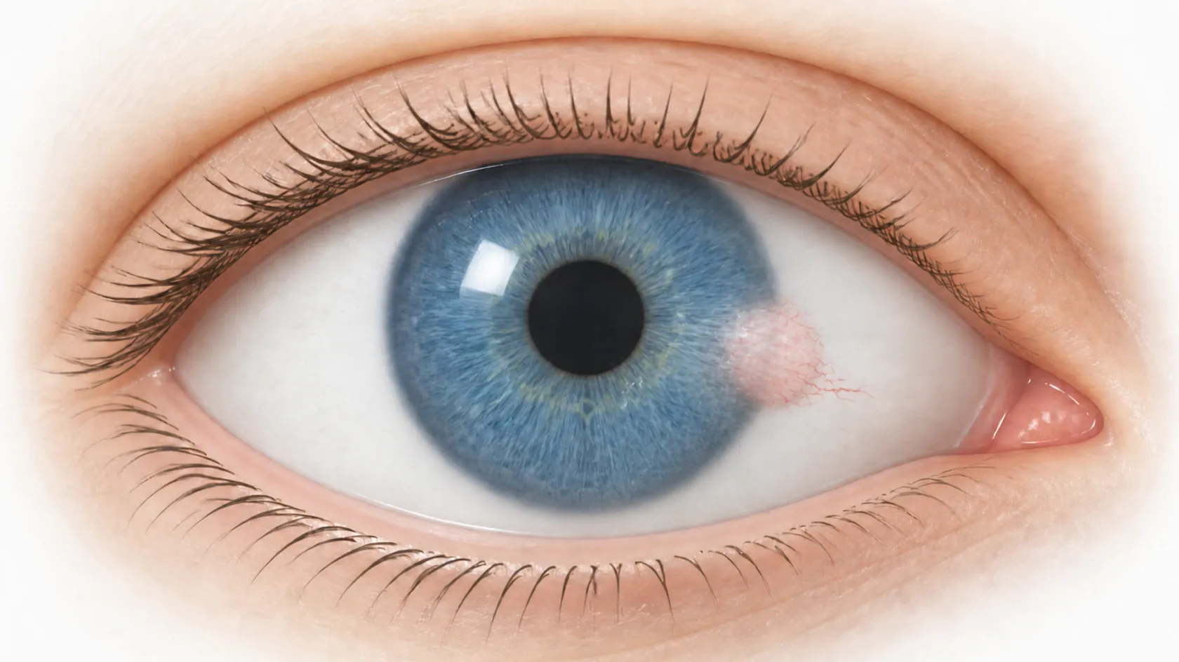 A gelatinous pinkish-white growth at the edge of the cornea with enlarged blood vessels