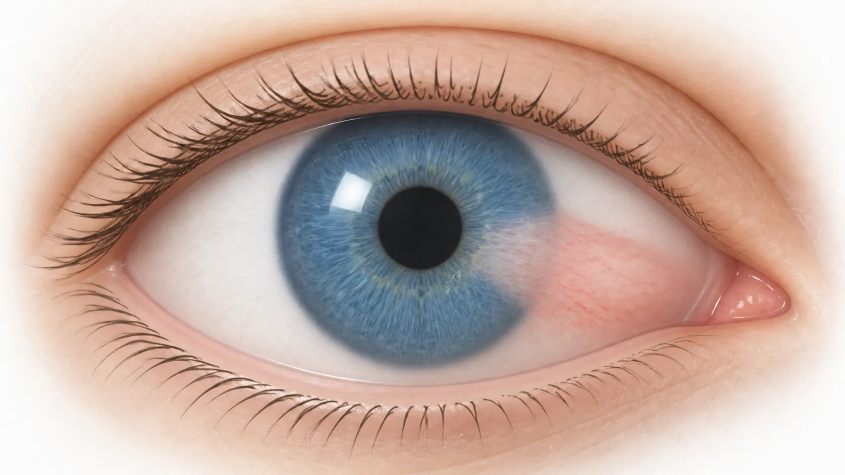 A pink, wedge-shaped growth extending from the corner of the eye onto the cornea