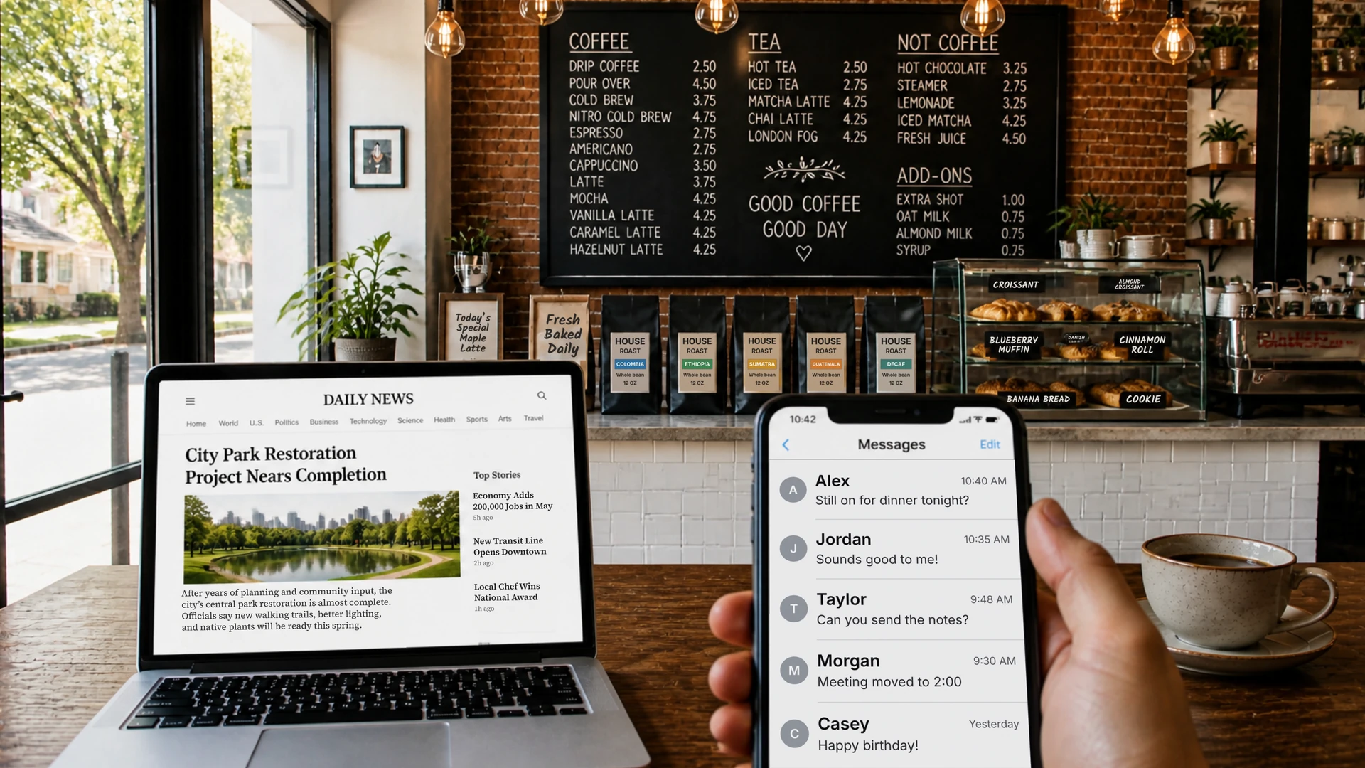 A coffee shop seen through the selected lens: a chalkboard menu and pastry counter across the room, a laptop on the table, and a phone held in your hand