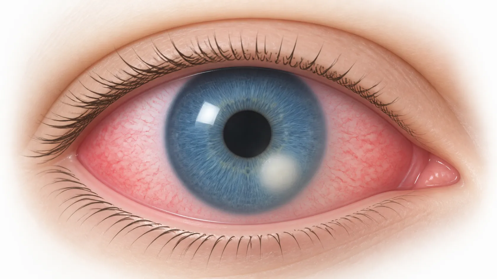 An eye with a red, inflamed white and a cream-colored spot on the cornea